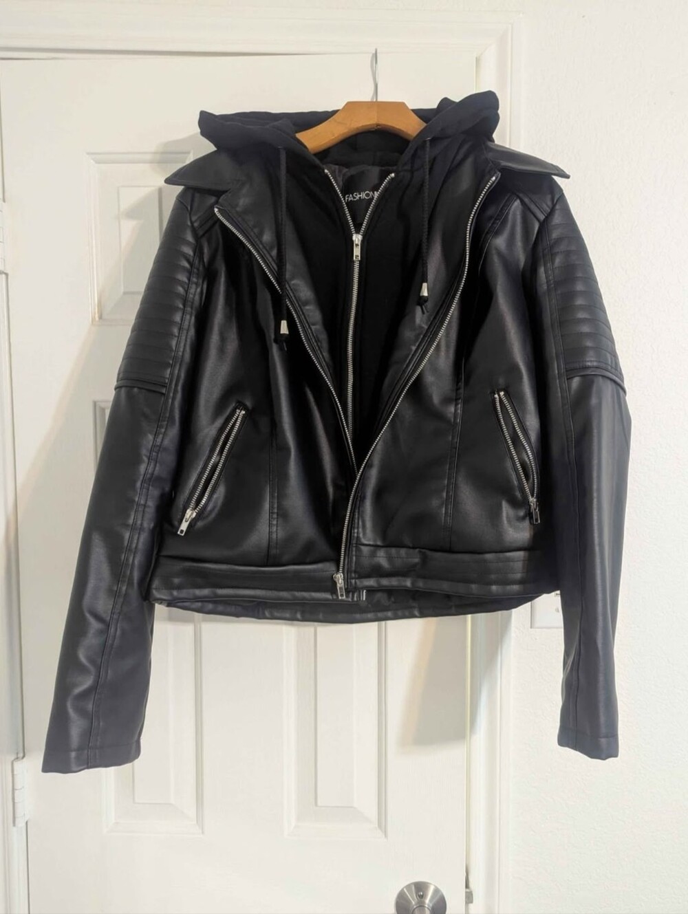 Fashion Nova Black Faux Leather Moto Jacket with Hooded Insert